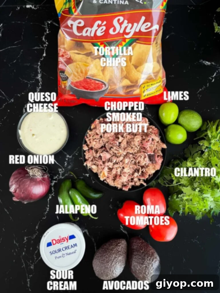 Smoky Pulled Pork Nachos 3 Ingredients for pulled pork nachos.