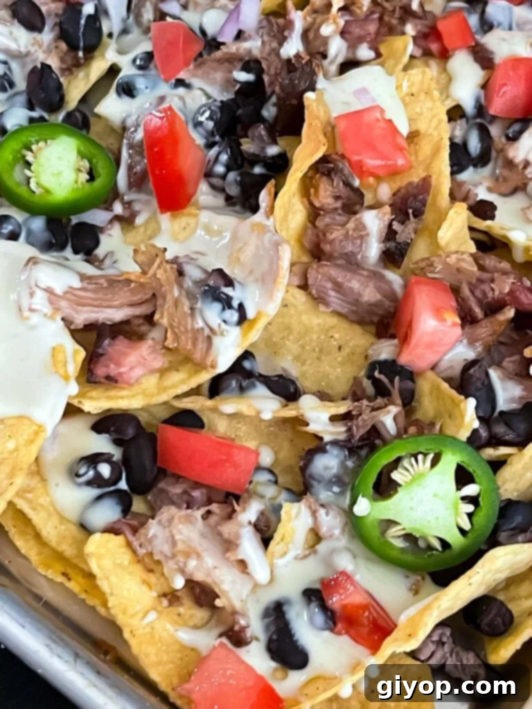 Smoky Pulled Pork Nachos 9 Pulled pork nachos with red onion, tomato, and jalapeno.