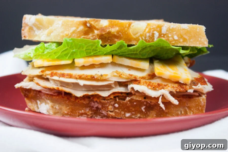 Artisan Cajun Turkey Deli Slices 8 Homemade Cajun Turkey Deli Meat made into a sandwich on a red plate