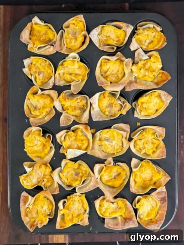 Freshly baked Buffalo chicken wontons removed from the oven, golden and bubbly.
