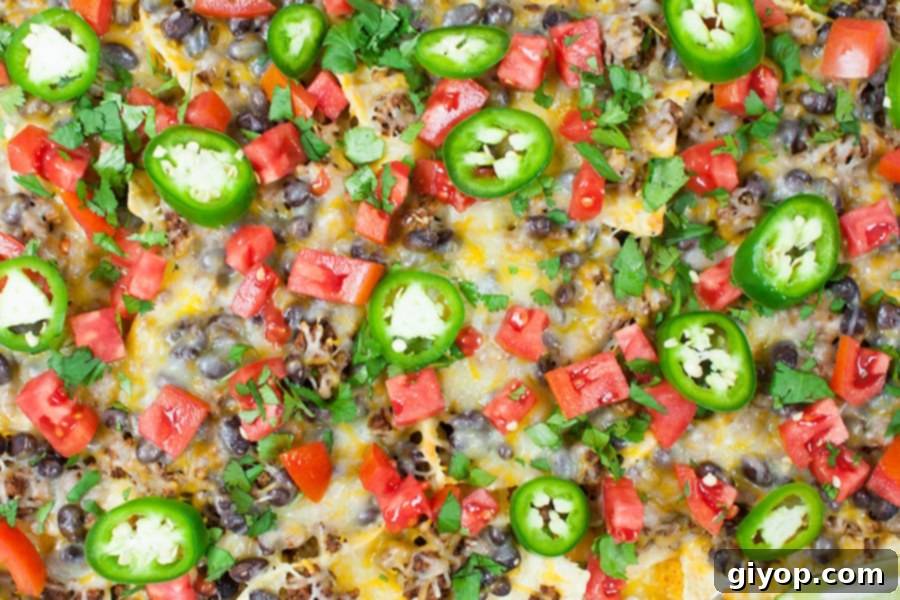 Loaded Sheet Pan Beef Nachos 2 Sheet Pan Beef Nachos generously topped and ready to serve.