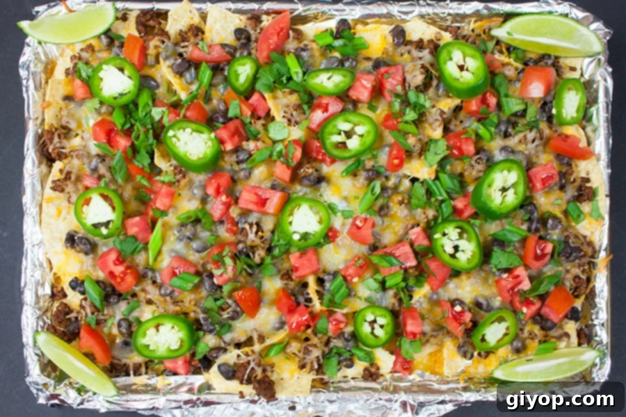 Loaded Sheet Pan Beef Nachos 6 Freshly baked Sheet Pan Nachos adorned with diced tomatoes, green onions, sliced jalapenos, and lime wedges.
