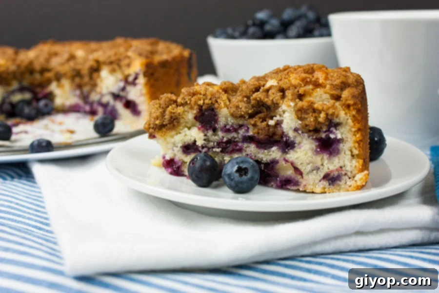 Classic Blueberry Streusel Coffee Cake 2 A slice of delicious Blueberry Streusel Coffee Cake on a white platter with a cup of coffee and fresh blueberries.