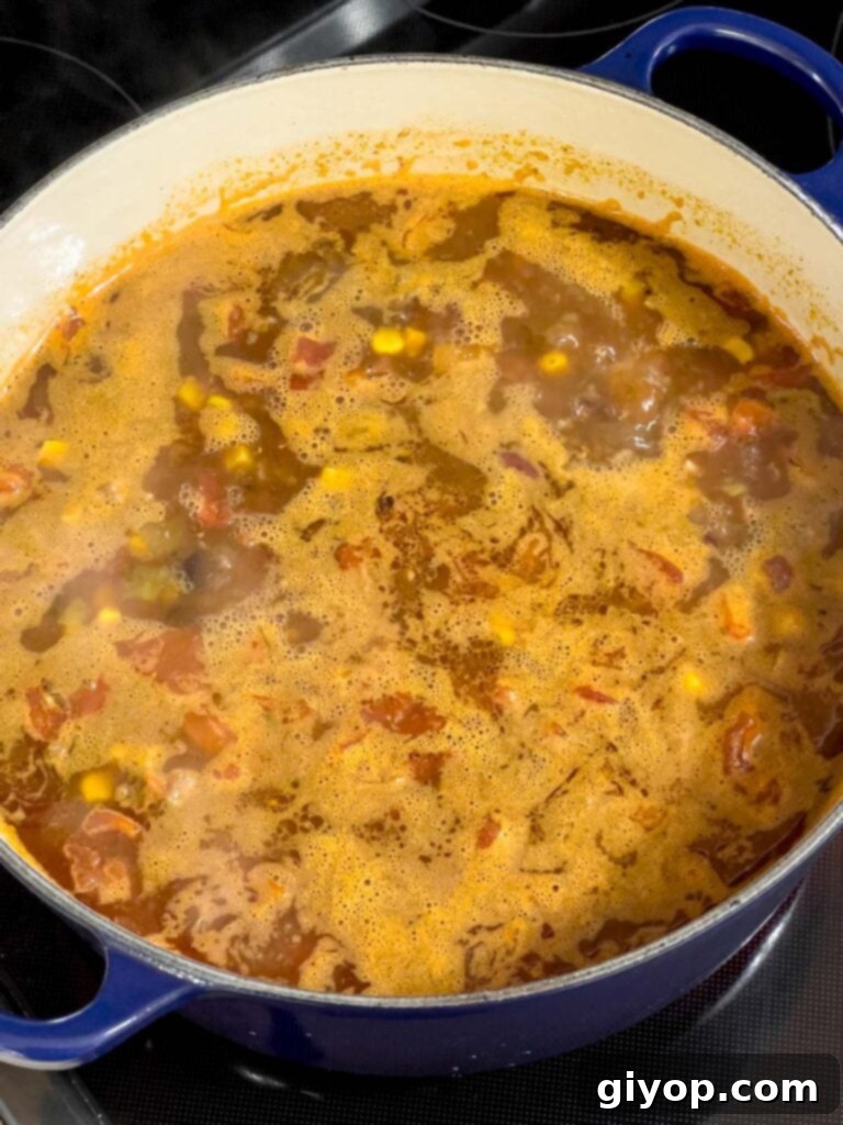 Close-up of taco soup gently simmering in a dutch oven.