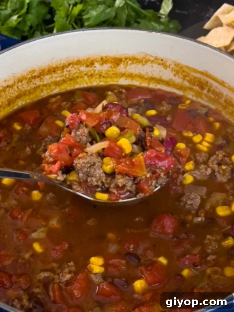 A large pot of freshly cooked taco soup ready to be served.