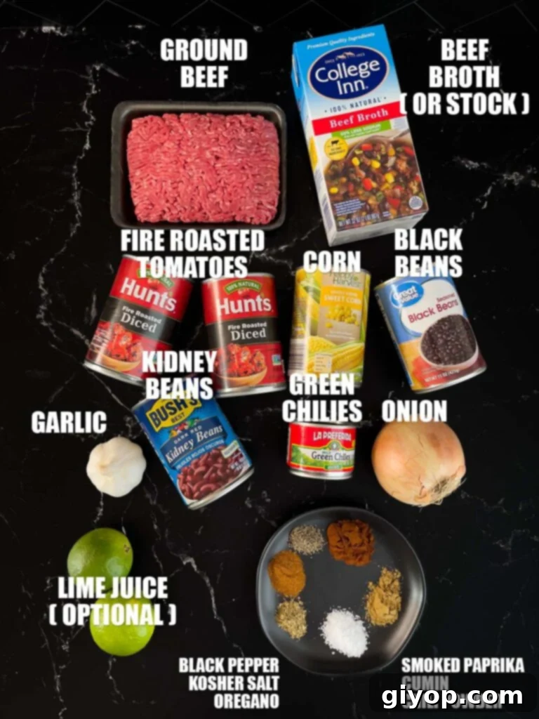 A flat lay of fresh and canned ingredients needed for making Taco soup.