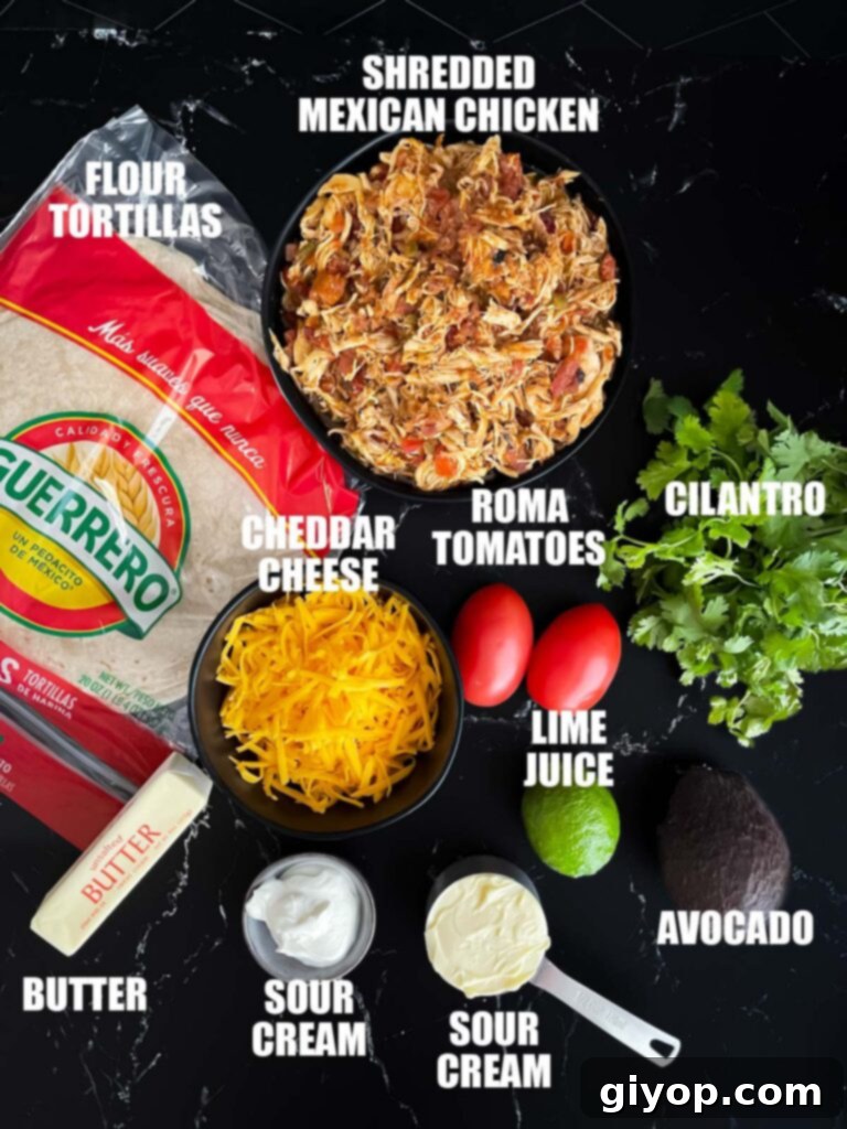 Baked chicken chimichanga recipe ingredients on a dark surface.