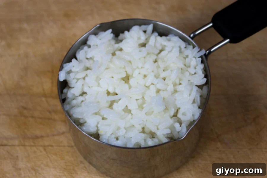 A final layer of sushi rice pressed into the metal measuring cup, completing the sushi stack assembly.