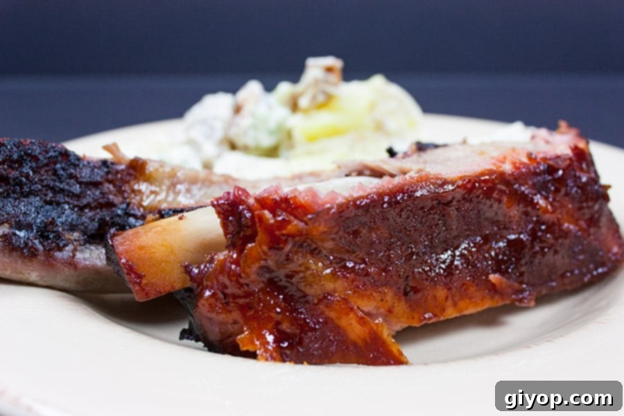 A St. Louis style rib expertly plated alongside a serving of creamy potato salad, highlighting its incredible tenderness and mouth-watering appeal.