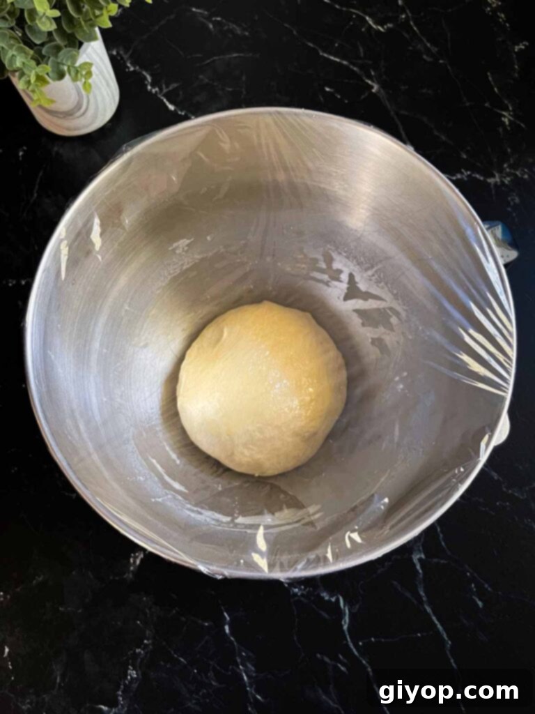 Pizza dough covered with plastic wrap in a stand mixer bowl.