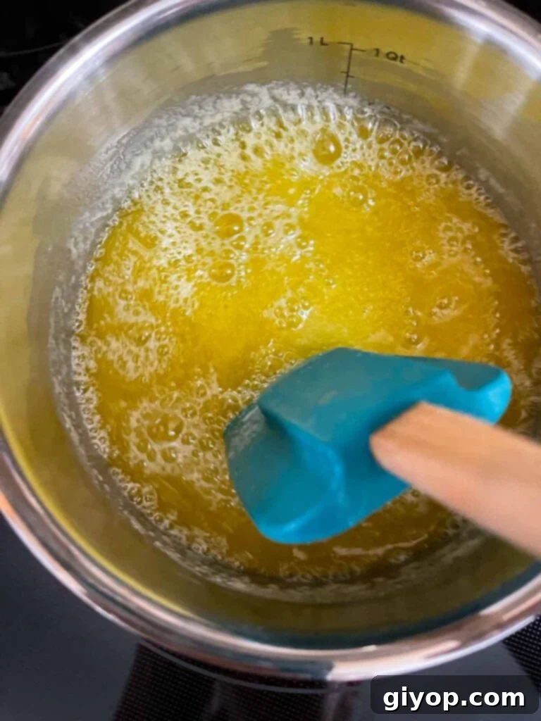 Butter on the boil in a sauce pan.
