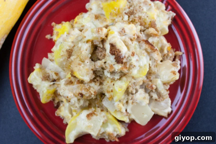 Southern Golden Squash Bake 6 Another enticing view of Southern Yellow Squash Casserole served on a red plate, highlighting its comforting appeal.