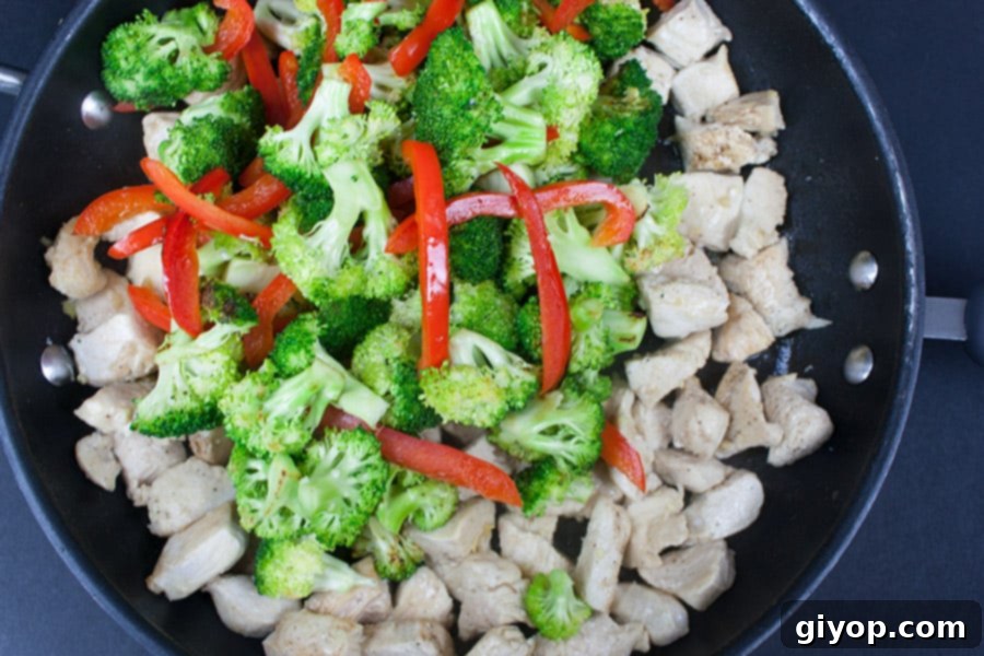 Weeknight Chicken and Broccoli Express 4 Easy Chicken and Broccoli Stir Fry - chicken, broccoli, and red bell pepper mixed in a skillet with sauce