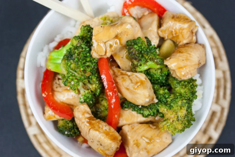 Weeknight Chicken and Broccoli Express 6 Easy Chicken and Broccoli Stir Fry in a white bowl.