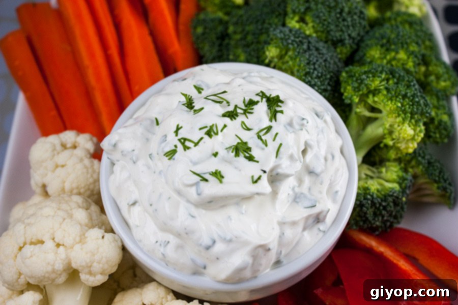 A top-down view of a white bowl filled with creamy Fresh Herb Vegetable Dip, perfectly centered among a colorful arrangement of various raw vegetables including green broccoli florets, white cauliflower florets, orange carrot sticks, and red bell pepper slices, illustrating a perfect healthy snack.