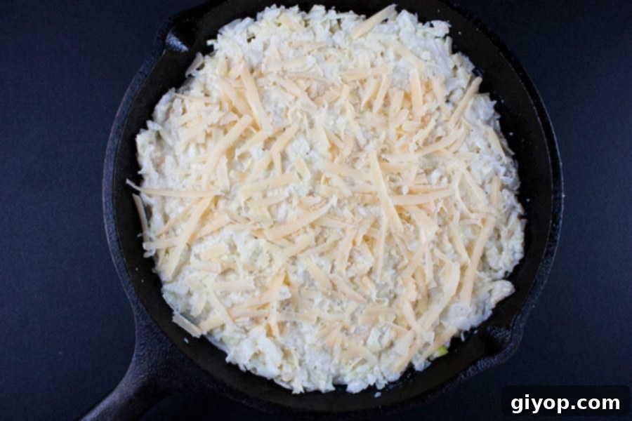 Unbaked Baked Vidalia Onion Dip mixture spread in a cast iron skillet, topped with extra shredded cheese.